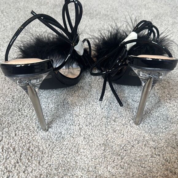 Women Wild Diva Black Open Toe Feathered Lace Up Stiletto High Heel Size 6.5 NEW - Picture 4 of 12